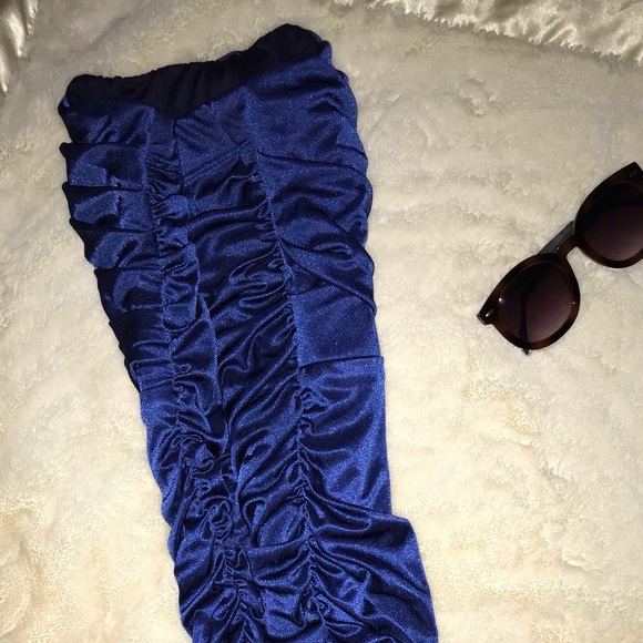 Blue shirred stretchy bodycon strapless dress SM - Picture 3 of 12